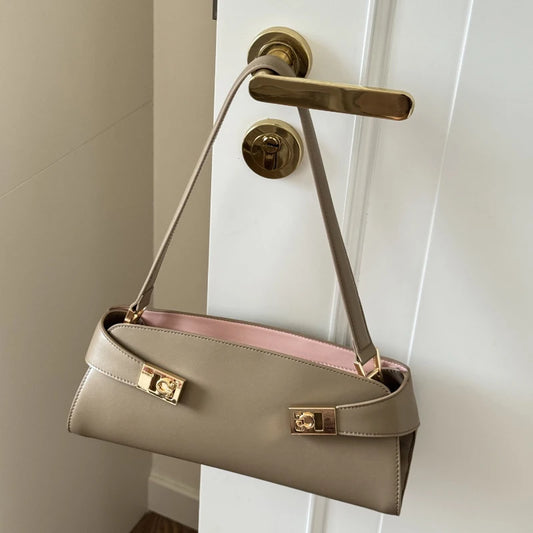 Khaki leather shoulder bag with gold lock detail