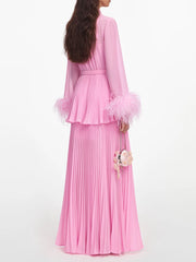 Round Collar Bow Neck Long Sleeve Pleated Maxi Dress