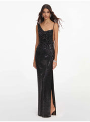 Model wearing an asymmetrical neckline maxi dress