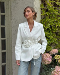 Blazer With 3D Flower Tie Around Belt