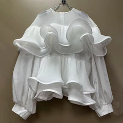 Ruffled Lantern Sleeve Sheer Blouse