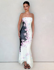 Strapless Satin Cheery Blossom Floral Maxi Dress