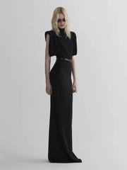 Black turtleneck padded shoulder maxi dress side view