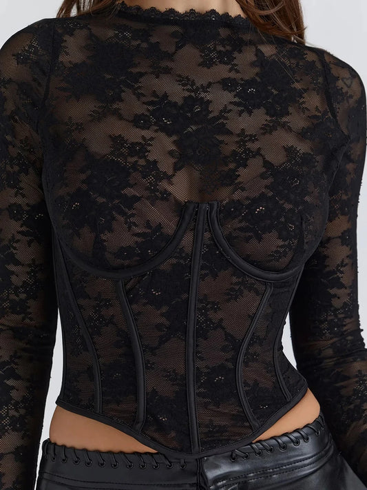 Black lace long-sleeve top on a plain background