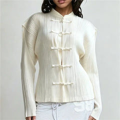 Mandarin collar pleated top in white