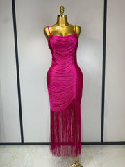 Ruched spaghetti strap tassel hem midi dress