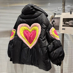 Heart Print Down Jacket Spliced Cotton Thick Warm Parkas