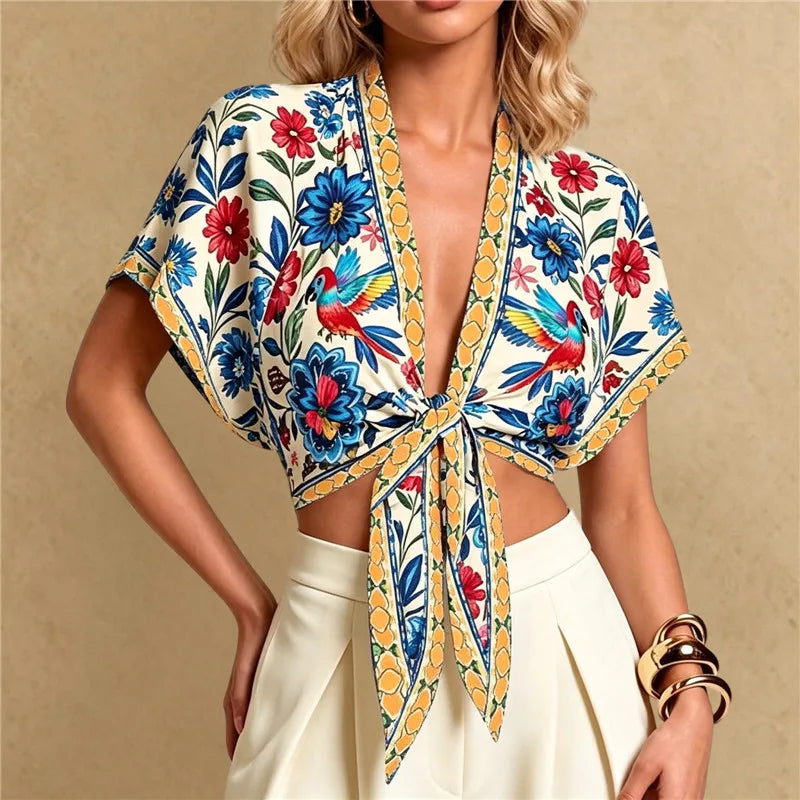 Yellow border floral bird print tie front v-neck top