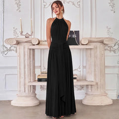 High Neck Sleeveless Ruched Waist Draped Long Dress