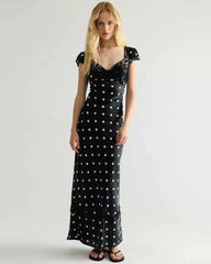 Satin Polka Dot Cap Sleeve Maxi Dress