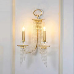 Close-up of a crystal chandelier showcasing its intricate details and sparkling crystal accents. C