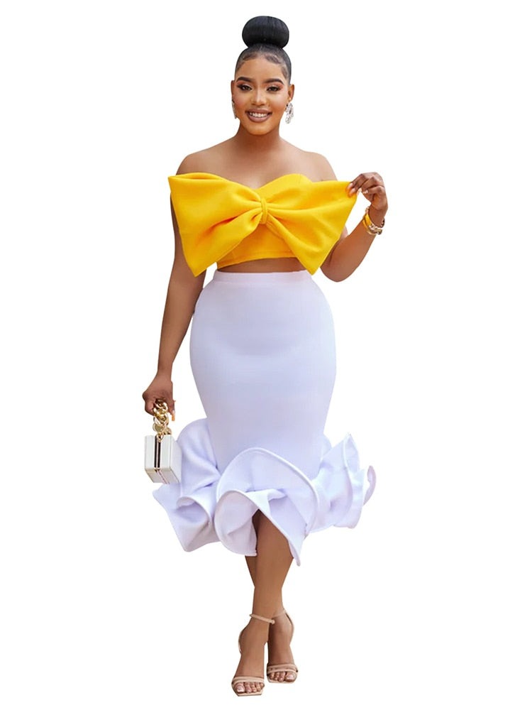 Wrapping Big Bow Crop Top and Midi Skirt Set
