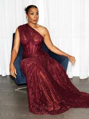 One Shoulder Corset Lace Draped Maxi Dress