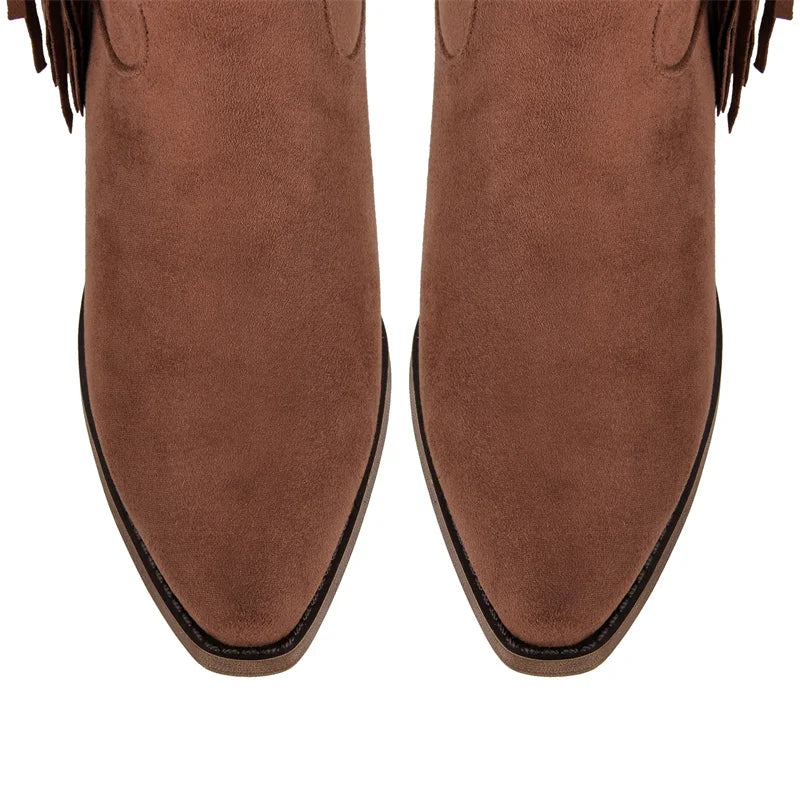 Top view of fringe detail pointed toe western boots toe box