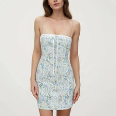 Light Blue Flower Print Lace Bow Slash Collar Mini Dress