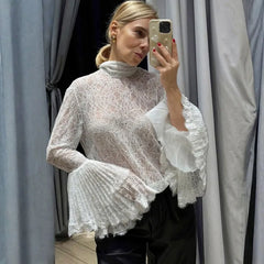 White Sheer Scarf Neck Frill Sleeve Top