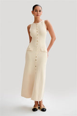 Sleeveless Buttoned Solid Round Two Pocket Knit Long Dress. Golden Atelier 3