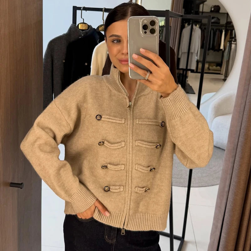 Beige knit jacket with stand collar and double-breasted button detail