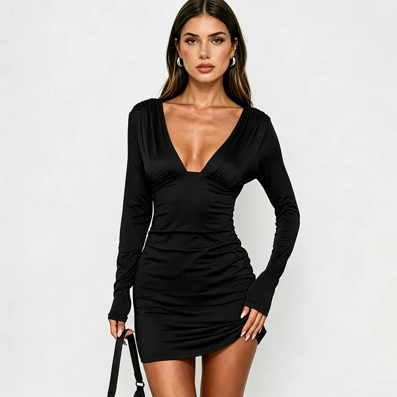 Black long sleeve plunging neckline ruched mini dress