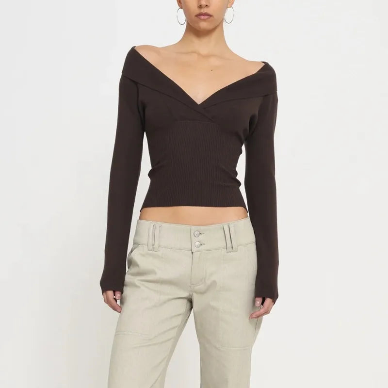 Off-Shoulder Deep V-Neck Ribbed Knit Top