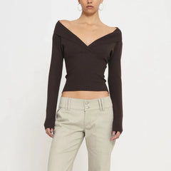 Off-Shoulder Deep V-Neck Ribbed Knit Top
