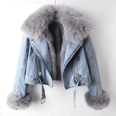 Close-up of the thick, plush fur collar on a denim jacket, highlighting the luxurious texture and warmth. Front View 1