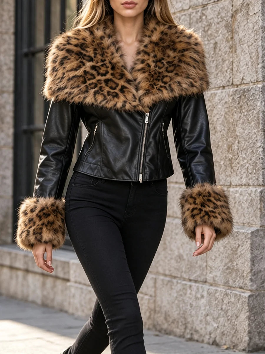 Leopard print faux fur collar jacket detail