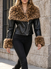 Leopard print faux fur collar jacket detail