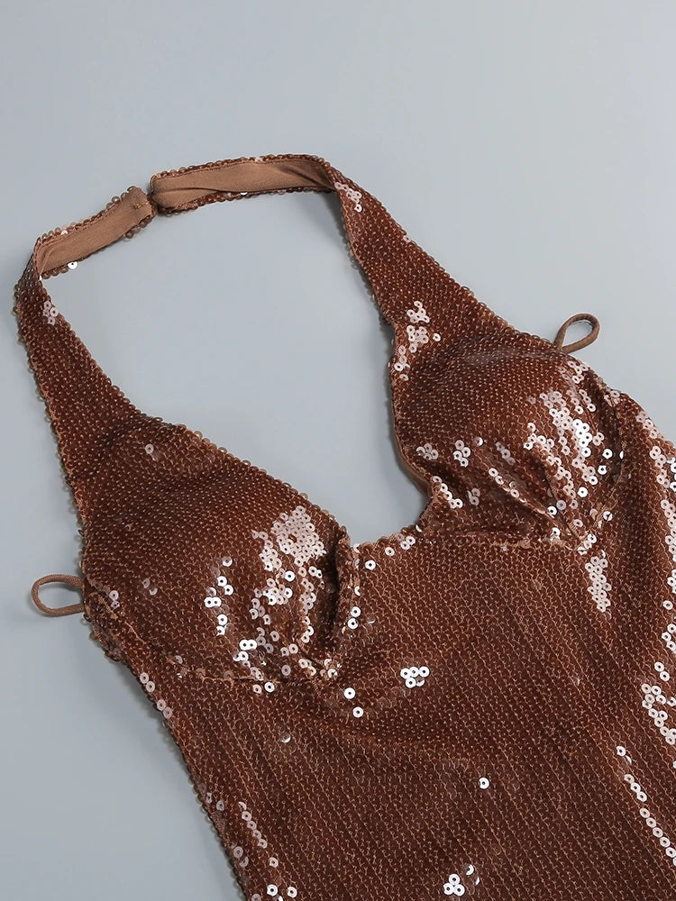 Brown beaded and sequined top on a light gray background