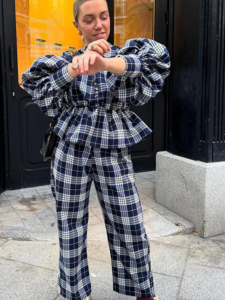 Sweet Women's Plaid Single-Breasted Top and Wide-Leg Pants Set – Trendy Streetwear Style