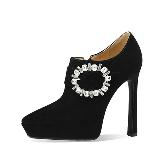 Black stiletto heel bootie with rhinestone buckle