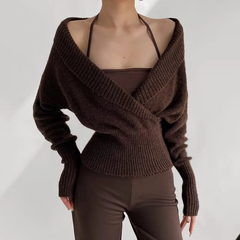 Brown knit wrap top with deep V-neck and halter detail