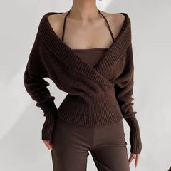Brown knit wrap top with deep V-neck and halter detail