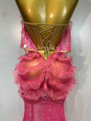 Pink Sheer Strapless Ruffled Diamonds Slit Long Dress