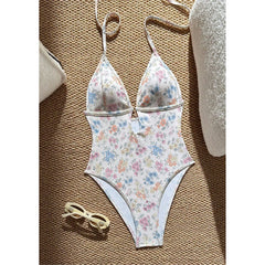 Floral print one-piece swimsuit laid flat