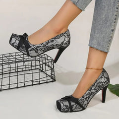 Lace Bow Square Toe High Heels