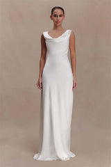 Off-Shoulder Cowl Neck Maxi Dress with Draped Front