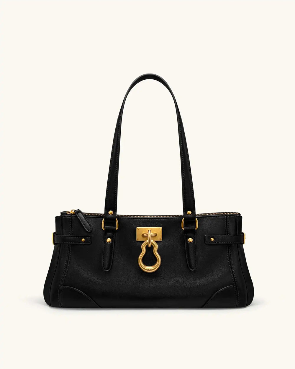 Black leather tote bag with gold lock detail and top handles