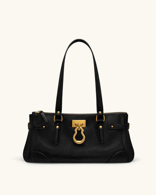 Black leather tote bag with gold lock detail and top handles