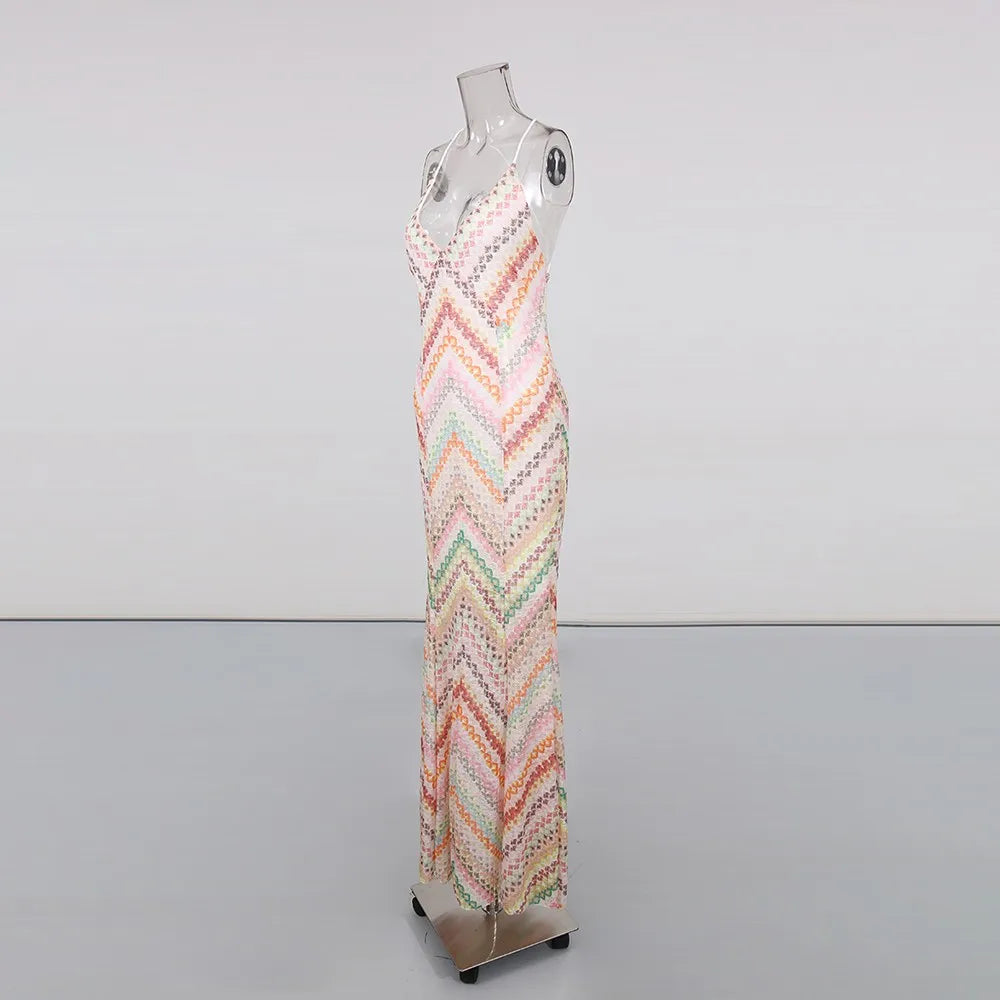 Chevron print v-neck sleeveless maxi dress side view on mannequin