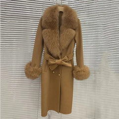 Women Blended Wool Long Jacket With Belt Fox Fur Cuff
