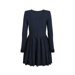 Navy blue dress with long sleeves on a white background