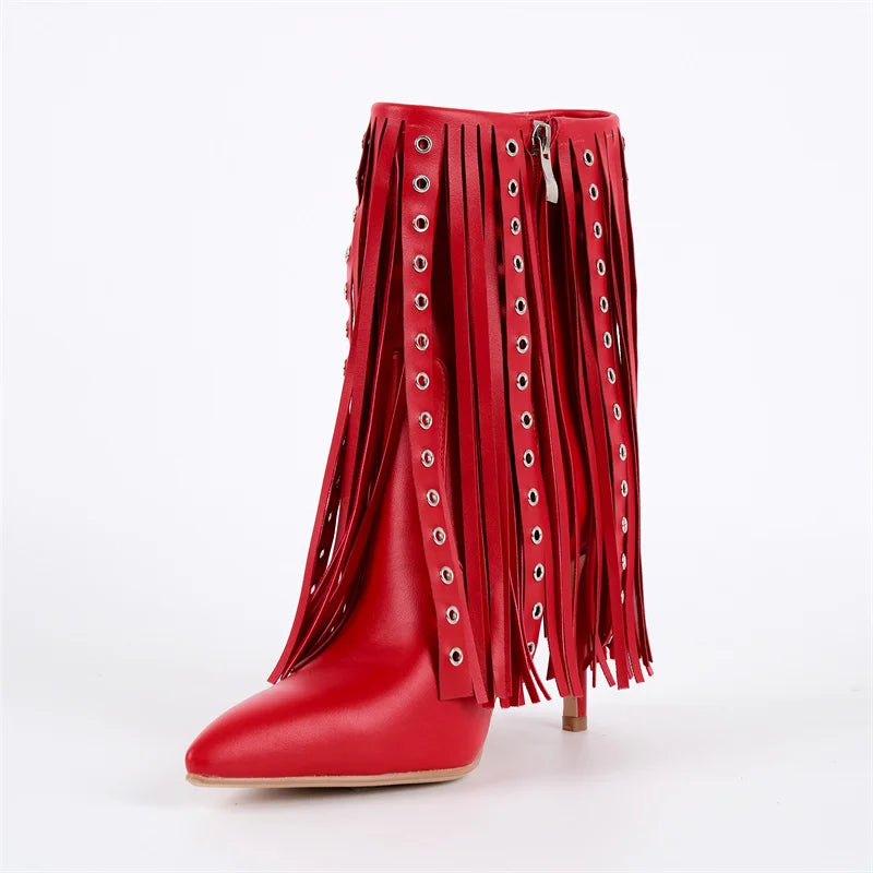 Red pointed toe ankle boots with long fringe detail and stiletto heel
