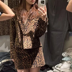 Leopard Print Jacket & Mini Skirt Set – Vintage Women’s Autumn Winter Outfit