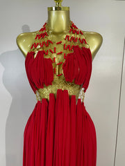 Gold Trim Halter Neck Maxi Dress