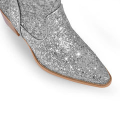 Glitter Pointed Toe Block Heel Cowboy Boots