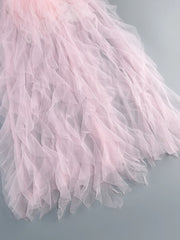 Pink V-Neck Ruffle Tulle High Slit Dress