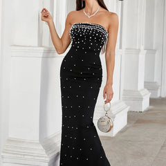 Pearl Design Bandage Strapless Long Dress