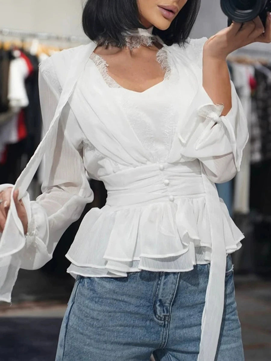 Sheer lace V-neck long sleeve top
