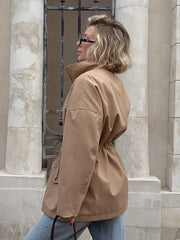 Drawstring Waist Standing Collar Trench Coat